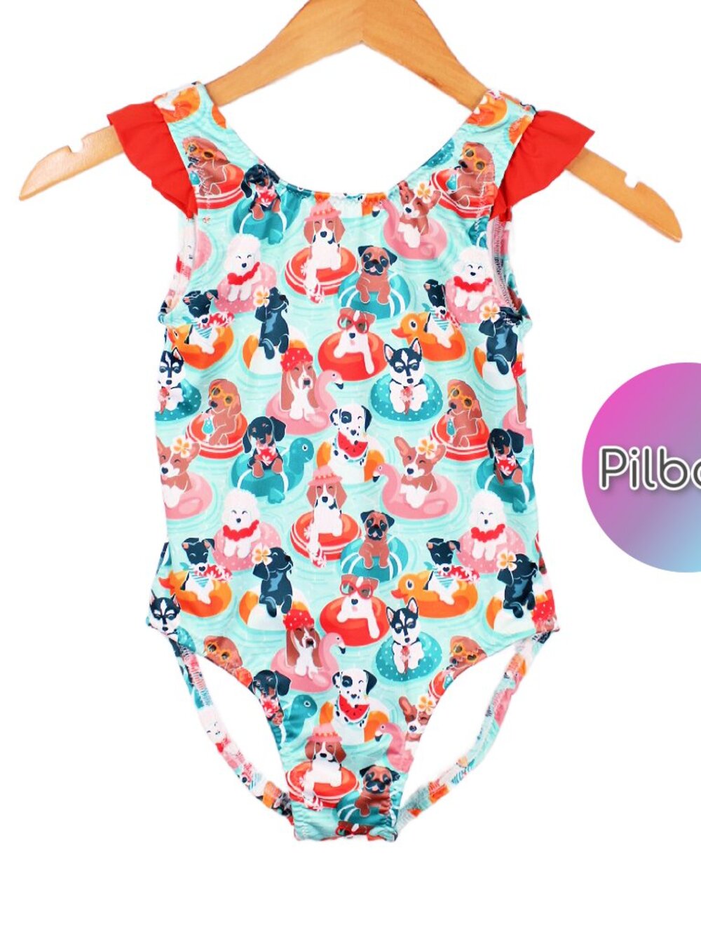 Girls One Piece Ruffle Swimsuit, Swimming Dogs, Size 7